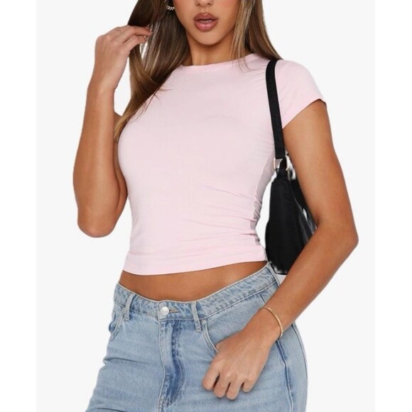 NEW Women's S Light Pink Babydoll Short Sleeve Basic Top Shirt T-Shirt - Picture 3 of 8